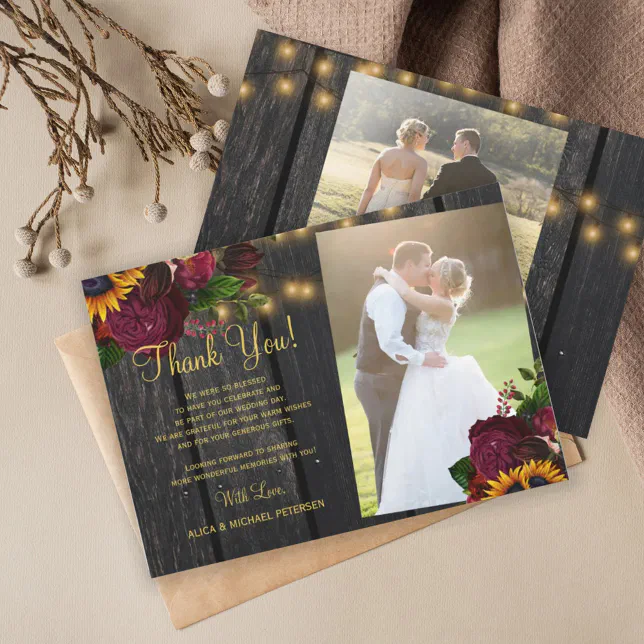 Rustic sunflowers roses 2 photos wedding thank you note card | Zazzle