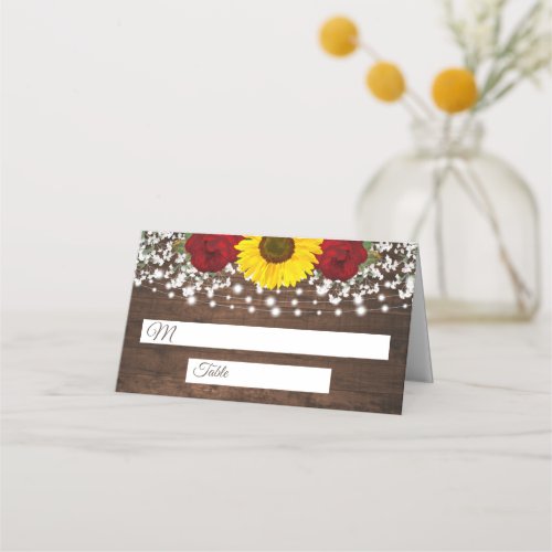 Rustic Sunflowers Roses and String Lights Wedding Place Card