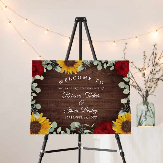 Rustic Sunflowers Roses & Greenery Wedding Welcome Foam Board (In Situ (Stand))