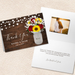 Rustic Sunflowers Roses Jar Lights Photo Wedding Letterpress Thank You Card