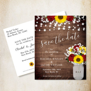 Rustic Sunflowers Roses Jar Lights Save the Date Postcard