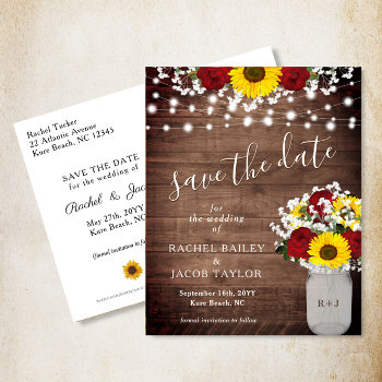 Rustic Sunflowers Roses Jar Lights Save The Date Postcard by doodlelulu at Zazzle