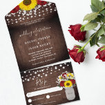 Rustic Sunflowers Roses Jar Lights Wedding All In One Invitation<br><div class="desc">This all-in-one wedding design features dainty watercolor baby's breath flowers in a mason jar vase on a rustic wood background with string lights. Click the customize button for more flexibility in modifying the text. Variations of this design, different paper types, as well as coordinating products are available in our shop,...</div>