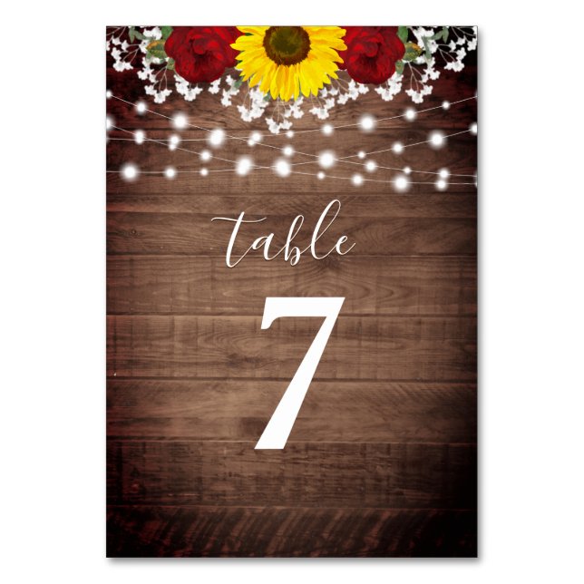 Rustic Sunflowers Roses Jar Lights Wedding Table N Number (Front)