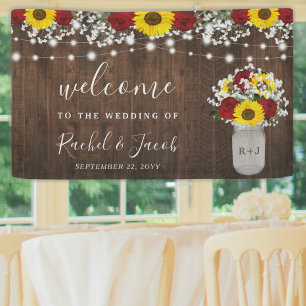 Rustic Sunflowers Roses Jar String Lights Wedding Banner