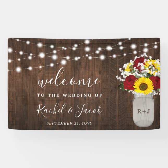 Rustic Sunflowers Roses Jar String Lights Wedding Banner (Horizontal)