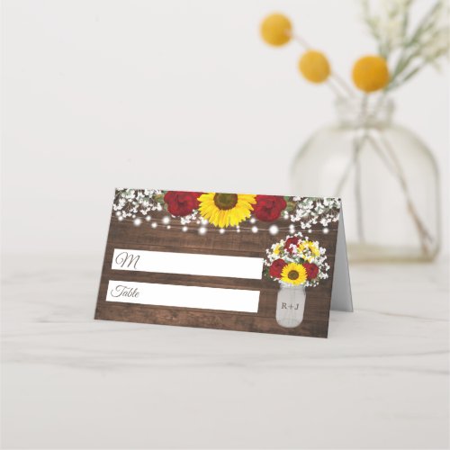 Rustic Sunflowers Roses Jar String Lights Wedding Place Card