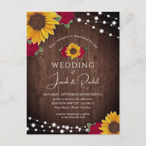 Rustic Sunflowers Roses Lights Wedding Invitation Postcard
