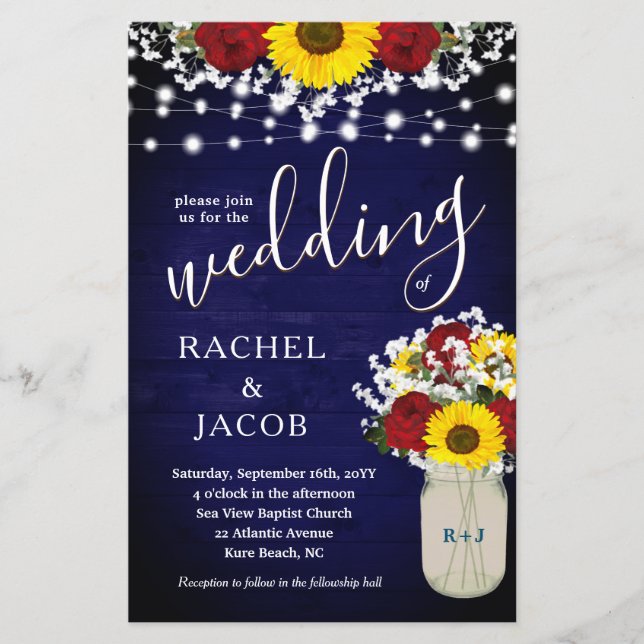 Rustic Sunflowers Roses Mason Jar Blue Wedding (Front)