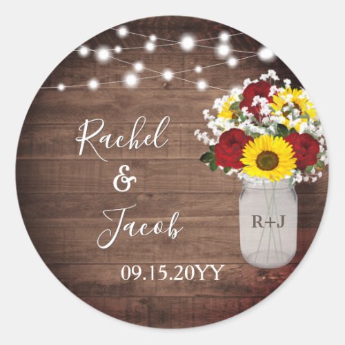 Rustic Sunflowers Roses Mason Jar Lights Wedding Classic Round Sticker