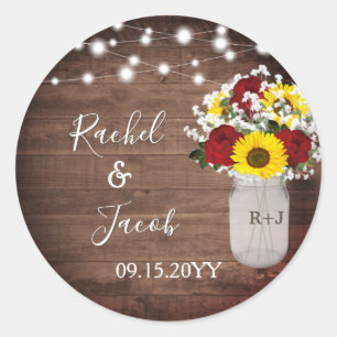Rustic Sunflowers Roses Mason Jar Lights Wedding Classic Round Sticker