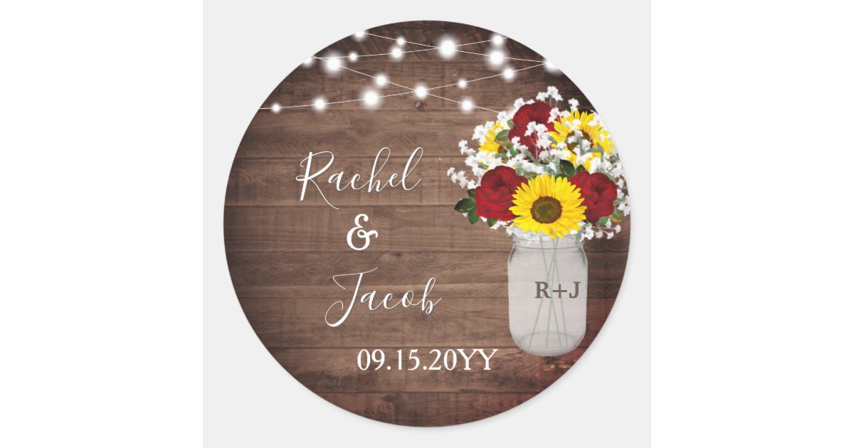 Rustic Sunflowers Roses Mason Jar Lights Wedding Classic Round Sticker ...