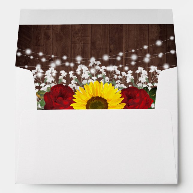 Rustic Sunflowers Roses Mason Jar Lights Wedding Envelope (Back (Bottom))
