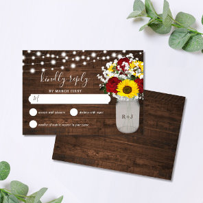 Rustic Sunflowers Roses Mason Jar Lights Wedding RSVP Card