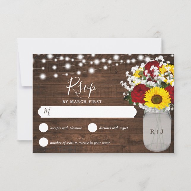 Rustic Sunflowers Roses Mason Jar Lights Wedding RSVP Card (Front)