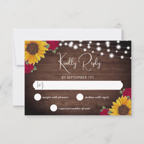 Rustic Sunflowers Roses Mason Jar Lights Wedding RSVP Card