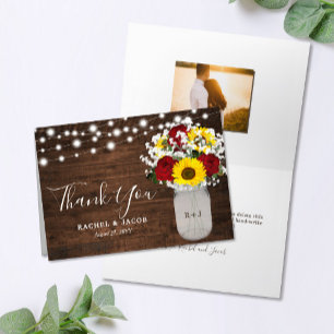 Rustic Sunflowers Roses Mason Jar Photo Wedding Letterpress Thank You Card