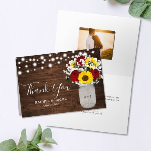 Rustic Sunflowers Roses Mason Jar Photo Wedding Thank You Card