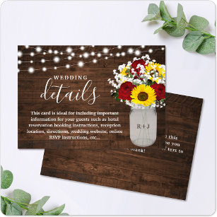 Rustic Sunflowers Roses Mason Jar Wedding Details Enclosure Card