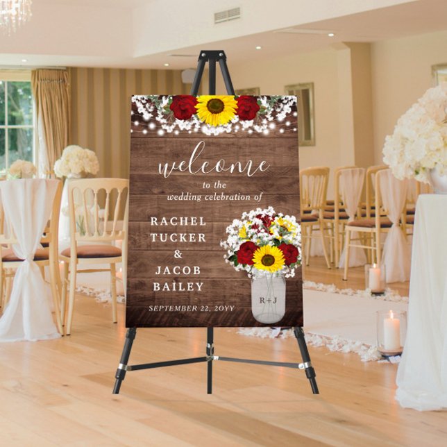 Rustic Sunflowers Roses Mason Jar Welcome Wedding Foam Board (Creator Uploaded)