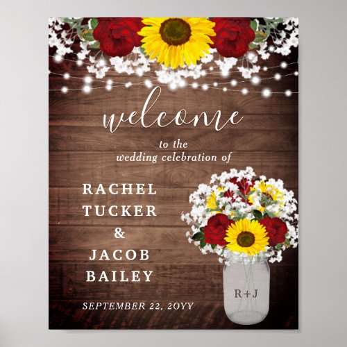 Rustic Sunflowers Roses Mason Jar Welcome Wedding Poster