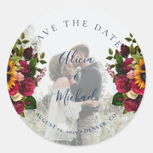 Rustic sunflowers roses photo wedding save date classic round sticker