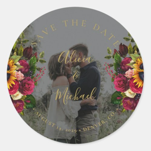 Rustic sunflowers roses photo wedding save date classic round sticker