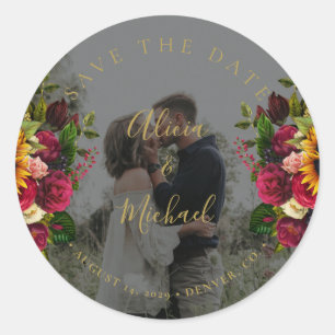 Rustic sunflowers roses photo wedding save date classic round sticker