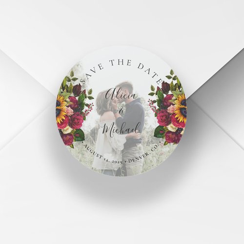 Rustic sunflowers roses photo wedding save date classic round sticker