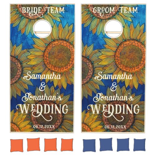   Rustic Sunflowers Royal Blue Elegant Boho Custom Cornhole Set