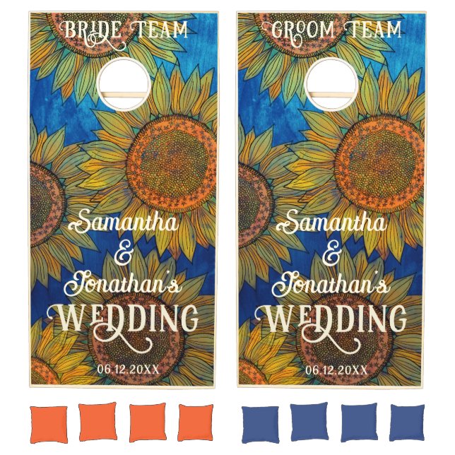   Rustic Sunflowers Royal Blue Elegant Boho Custom Cornhole Set (Set)