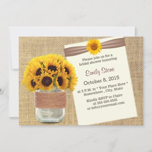 Country Burlap Mason Jar Sunflowers Bridal Shower 5x7 Paper Invitation Card