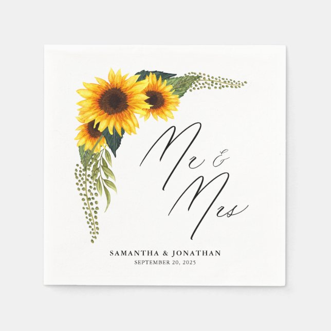 Rustic Sunflowers Script Mr. and Mrs. Wedding Napkins (Front)
