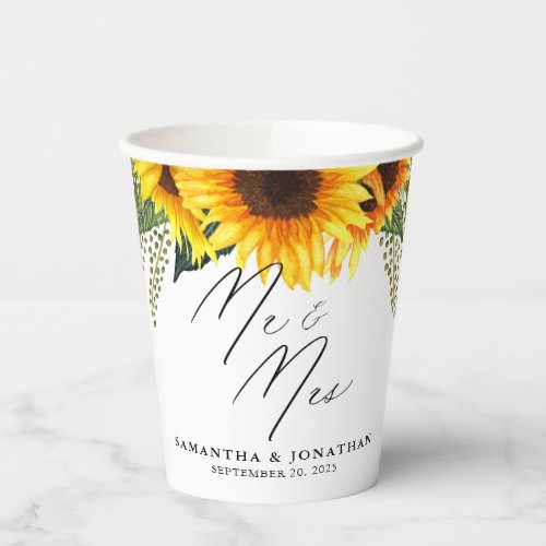 Rustic Sunflowers Script Mr and Mrs Wedding Paper Cups