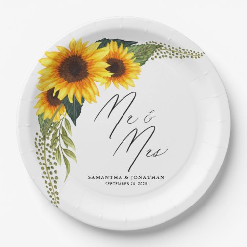 Rustic Sunflowers Script Mr and Mrs Wedding Paper Plates