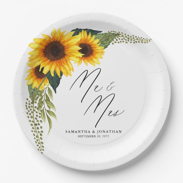 Rustic Sunflowers Script Mr. and Mrs. Wedding Paper Plates (Front)