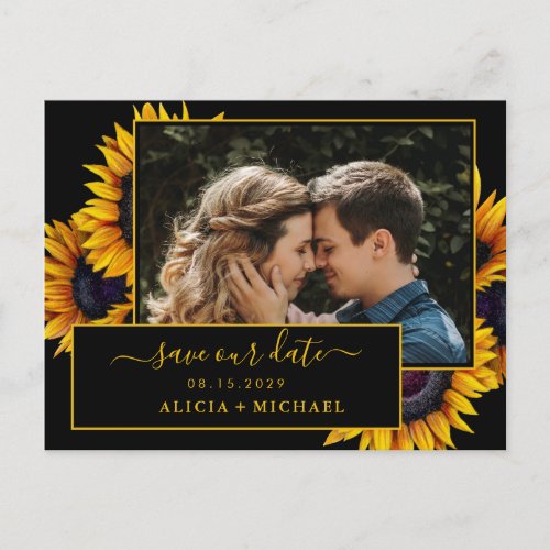 Rustic sunflowers script photo wedding save date announcement postcard