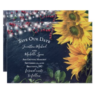 Rustic Sunflowers, Slate, Lights Save Our Date Invitation