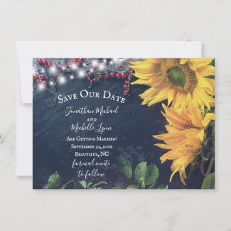 Rustic Sunflowers, Slate, Lights Save Our Date Invitation