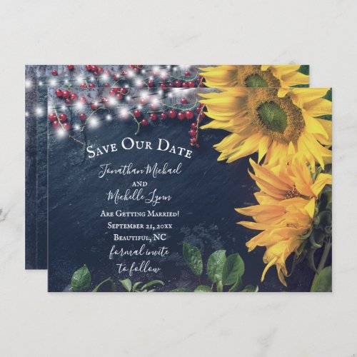 Rustic Sunflowers Slate Lights Save Our Date Invitation