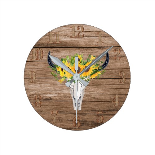 Rustic Sunflowers Stag Skull Wood Southern Living Round Clock