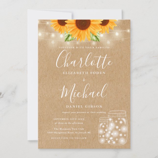 Rustic Sunflowers String Light Mason Jar Wedding Invitation (Front)