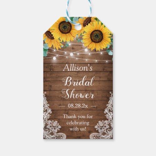 Rustic Sunflowers String Lights Baby Bridal Shower Gift Tags - Customize this "Rustic Sunflowers String Lights Floral Lace Baby Shower / Bridal Shower Thank You Gift Tag" to add a special touch. It's a perfect addition to match your colors and styles. 
(1) For further customization, please click the "customize further" link and use our design tool to modify this template. 
(2) If you need help or matching items, please contact me.