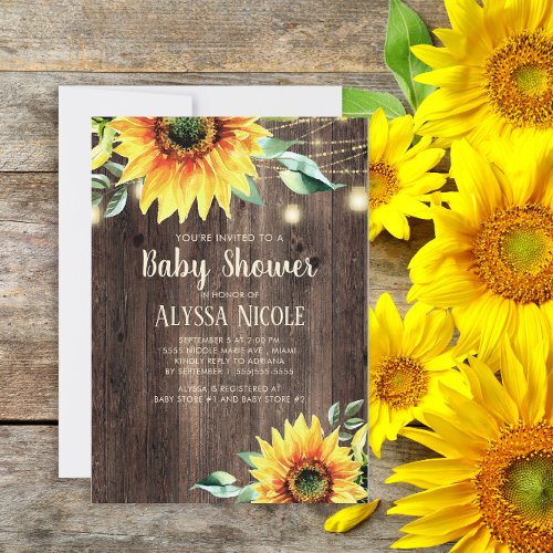 Rustic Sunflowers String Lights Baby Shower Invita Invitation