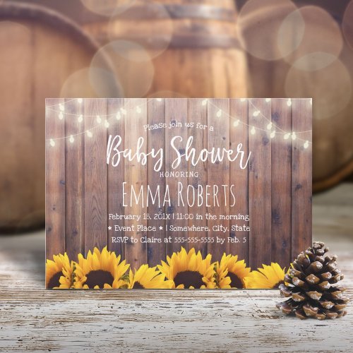 Rustic Sunflowers  String Lights Baby Shower Invitation