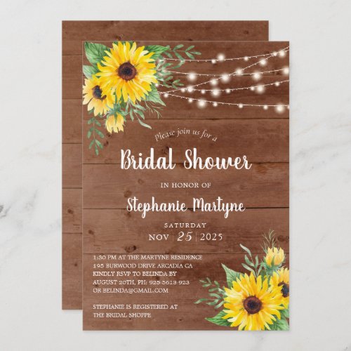 Rustic Sunflowers String Lights Bridal Shower Invitation