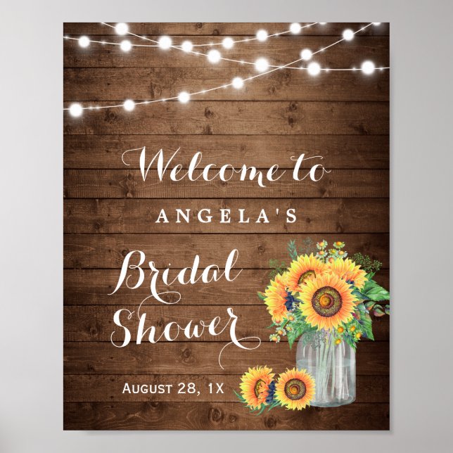 Rustic Sunflowers String Lights Bridal Shower Sign (Front)