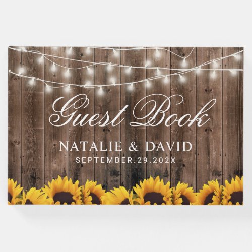 Rustic Sunflowers  String Lights Country Wedding Guest Book