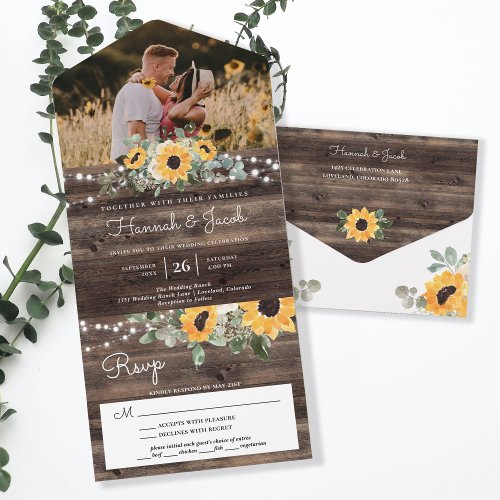 Rustic Sunflowers String Lights Eucalyptus Wedding All In One Invitation