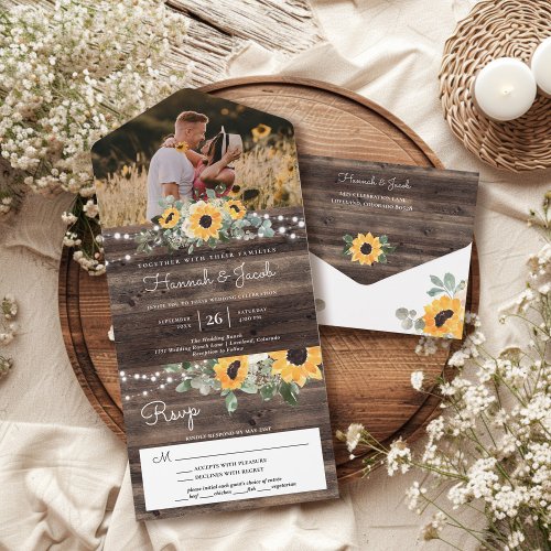 Rustic Sunflowers String Lights Eucalyptus Wedding All In One Invitation